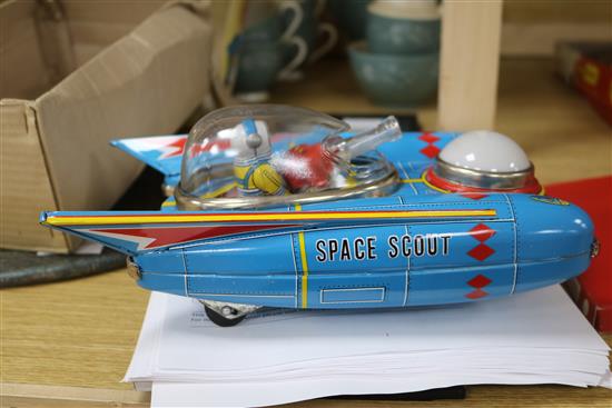 A Japanese tinplate model, Space Scout S-17, a Hornby Midlander train set and Hornby track (all boxed)